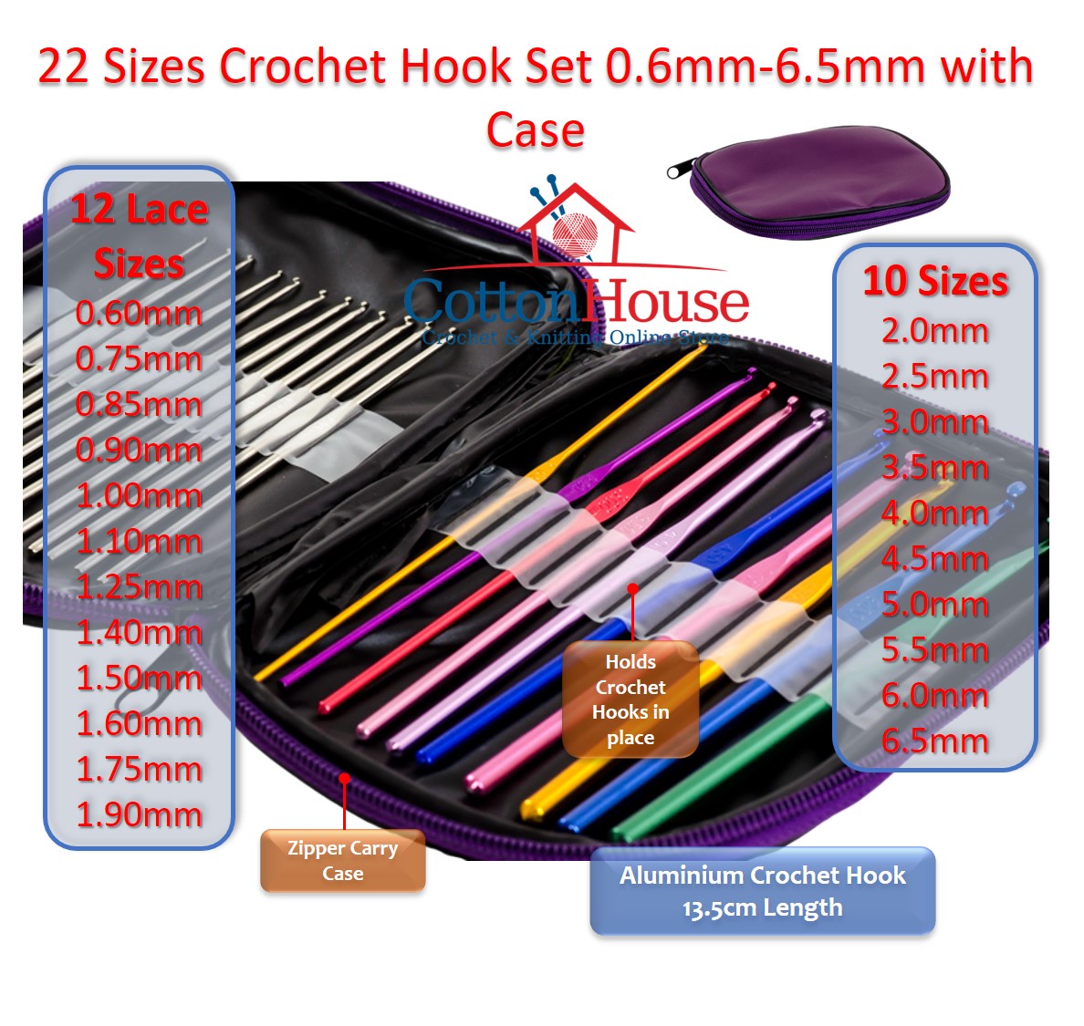 22 Sizes Crochet Hook Set 0.6-6.5mm with Case Lace Jarum Kait