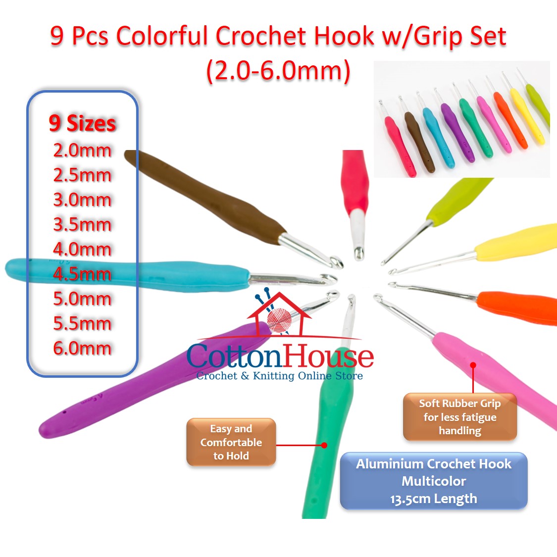 9 Pcs Colorful Crochet Hook w/Grip Set (2.0-6.0mm) CK-239 Jarum Kait