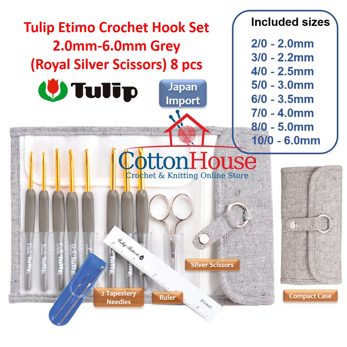 Tulip Etimo Crochet Hook Set Red Grey Rose 1.8-5.0mm 2.0-6.0mm 8pcs 10pcs Original Japan Jarum Kait