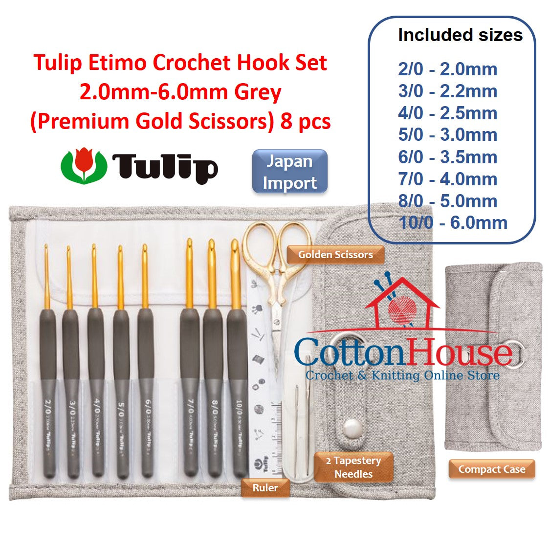 Tulip Etimo Crochet Hook Set Red Grey Rose 1.8-5.0mm 2.0-6.0mm 8pcs 10pcs Original Japan Jarum Kait