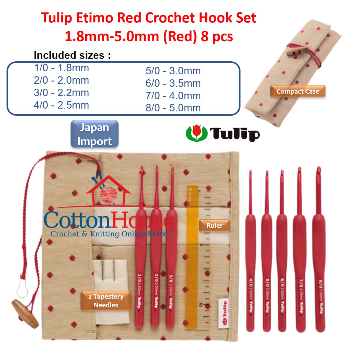 Tulip Etimo Crochet Hook Set Red Grey Rose 1.8-5.0mm 2.0-6.0mm 8pcs 10pcs Original Japan Jarum Kait