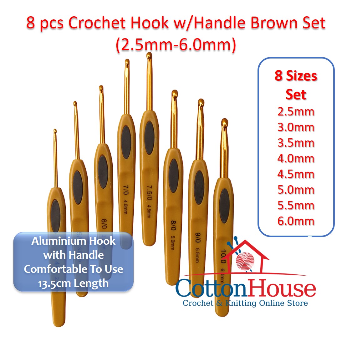 8 pcs Crochet Hook w/Handle Brown Set 2.5mm-6.0mm Lace 1.0mm-2.75mm Ja –  cottonhousestore