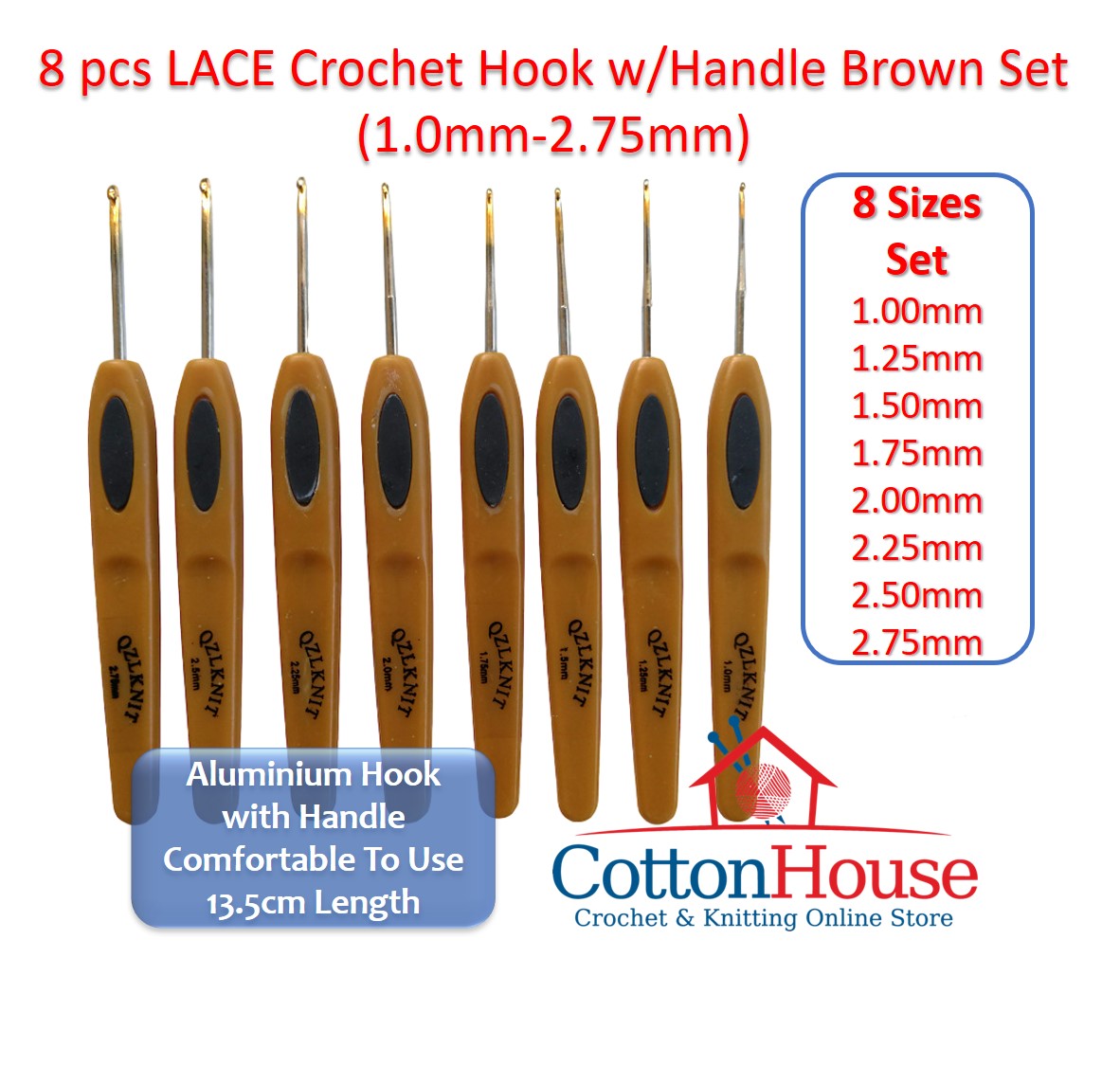 8 pcs Crochet Hook w/Handle Brown Set 2.5mm-6.0mm Lace 1.0mm-2.75mm Jarum Kait