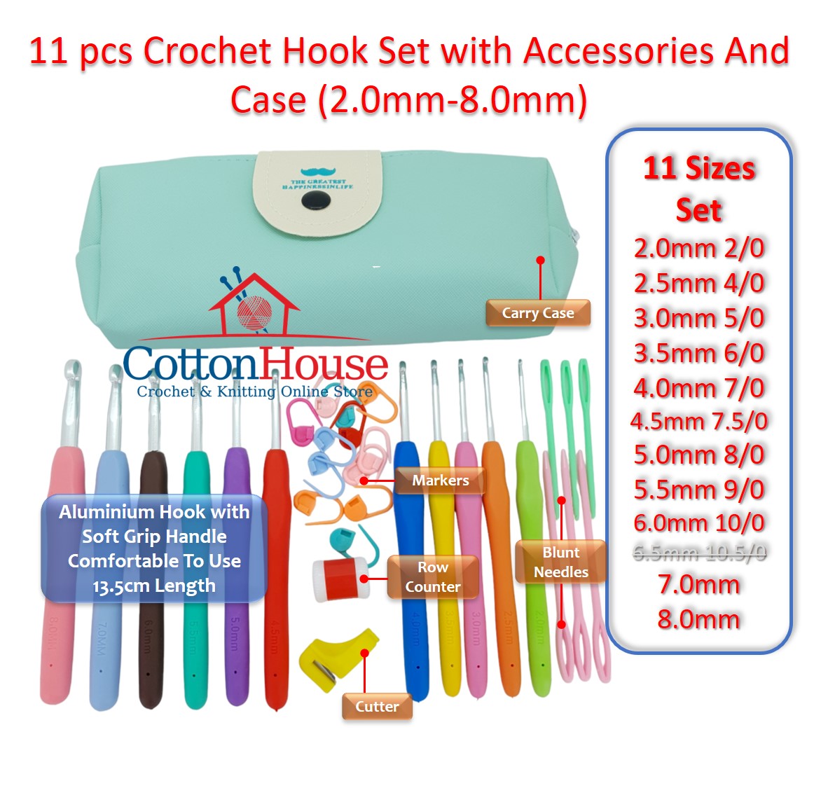 11 pcs Crochet Hook Set with Accessories And Case (2.0mm-8.0mm) Green Jarum Kait