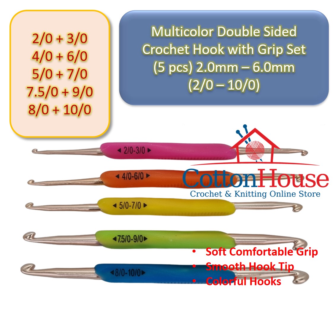 5 pcs Multicolor Double Sided Crochet Hook with Grip (2/0-10/0) Set Jarum Kait