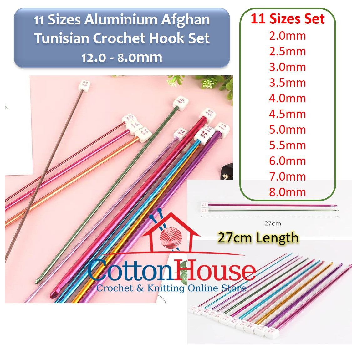 11 Sizes Aluminium Afghan Tunisian Crochet Hook Set 2.0-8.0mm Length 27cm Jarum Kait