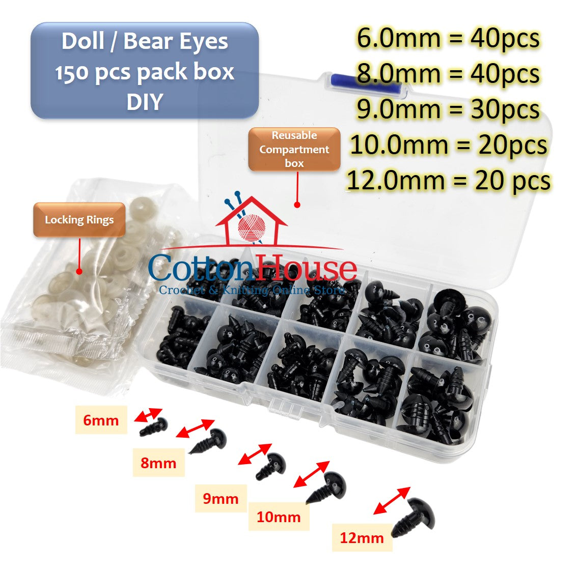 Doll Eyes Pack Box 150pcs Multi-size 6mm 8mm 9mm 10mm 12mm Case Bundle Teddy Bear Dolls Mata DIY