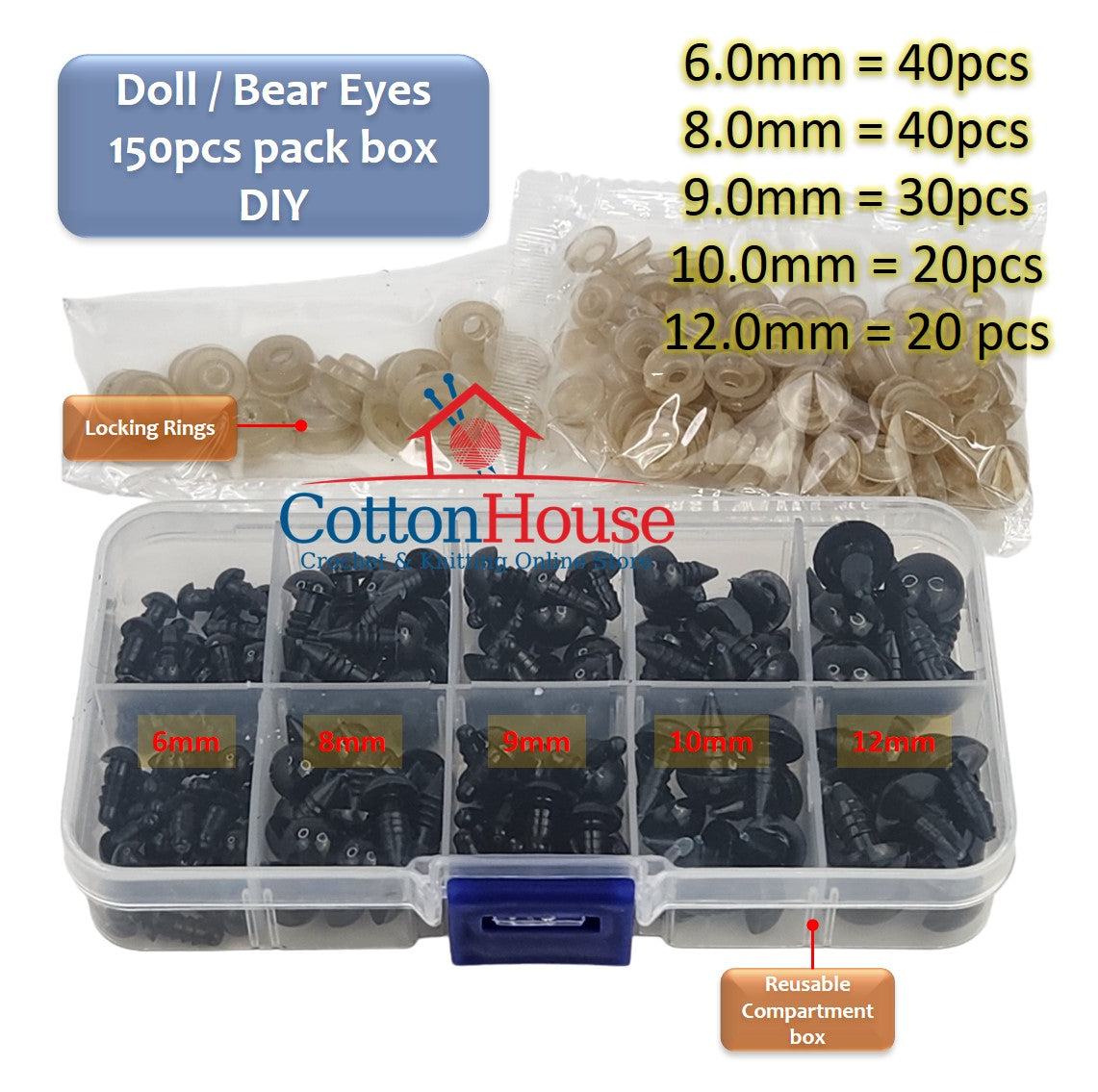 Doll Eyes Pack Box 150pcs Multi-size 6mm 8mm 9mm 10mm 12mm Case Bundle Teddy Bear Dolls Mata DIY