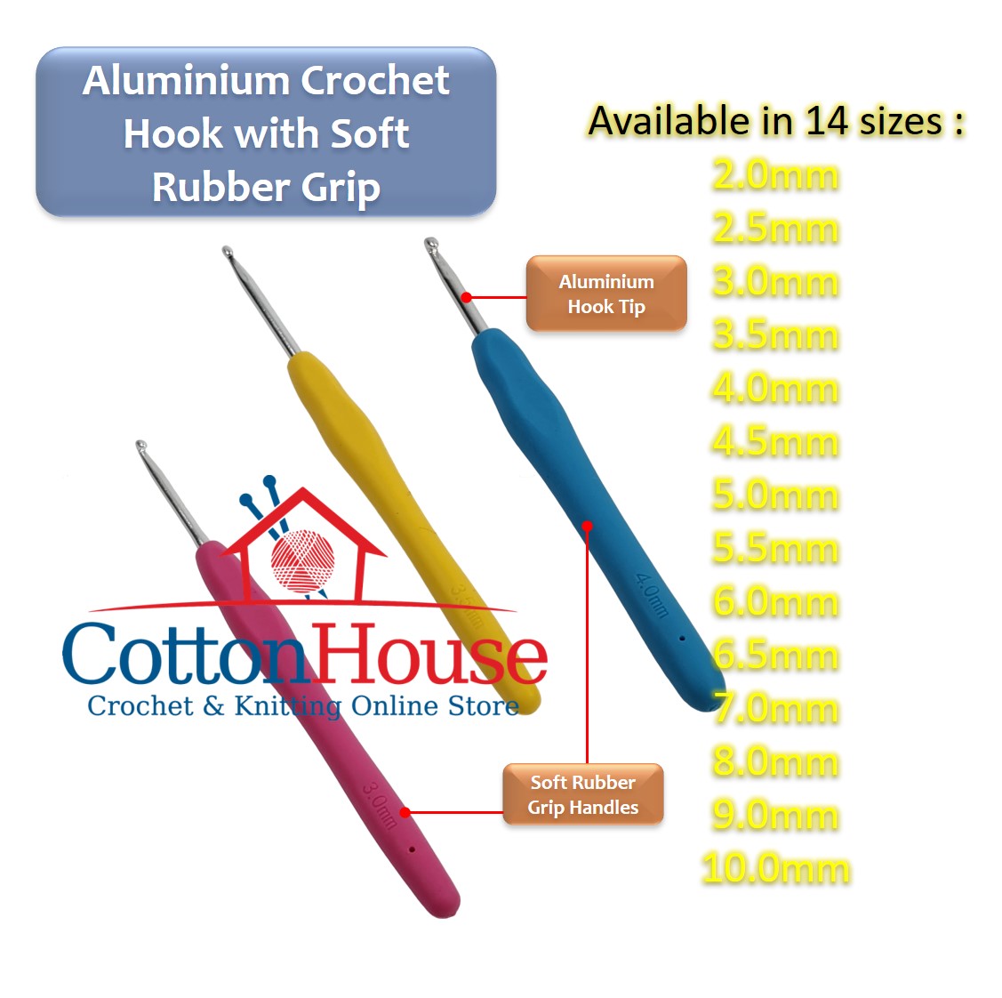 Aluminium Crochet Hook With Soft Rubber Grip 2.0mm-10.0mm Individual Size Single Colorful 1pc Jarum Kait