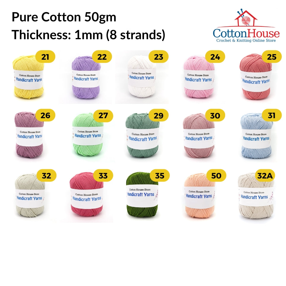 Pure Cotton 100% 1.0mm Halus Nipis 50gm Benang Kait Yarn PCN