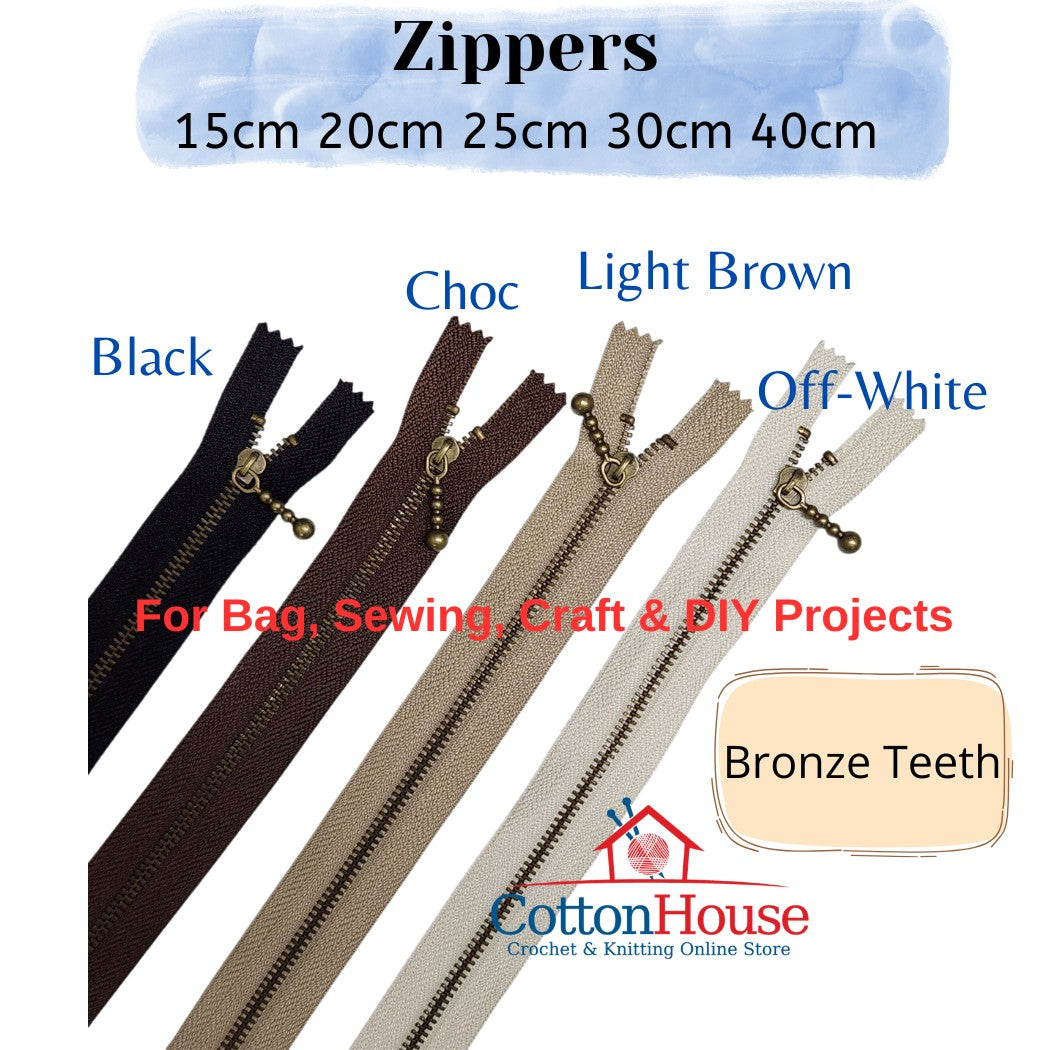 Bag & Craft Zipper Bronze Teeth 15cm 20cm 25cm 30cm 40cm Black Choc Light Brown White Zip Jahit DIY Sewing