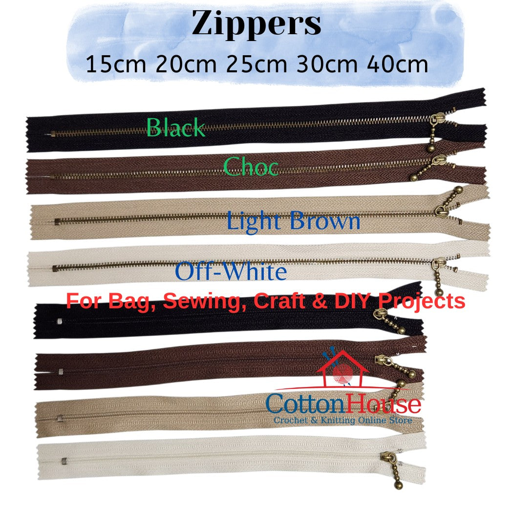 Bag & Craft Zipper Bronze Teeth 15cm 20cm 25cm 30cm 40cm Black Choc Light Brown White Zip Jahit DIY Sewing