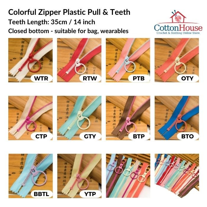 Colorful Zipper 14" (35cm) Plastic Pull Teeth Close End Zip Jahit DIY Sewing