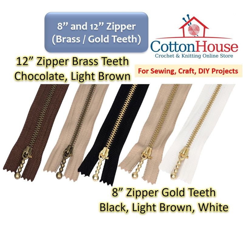 Zipper 8" (20cm) 12" (30cm) Gold Brass Teeth Black Choc Light Brown White Zip Jahit DIY Sewing