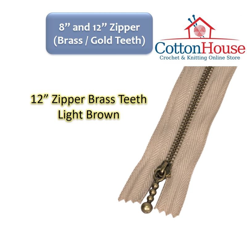 Zipper 8" (20cm) 12" (30cm) Gold Brass Teeth Black Choc Light Brown White Zip Jahit DIY Sewing