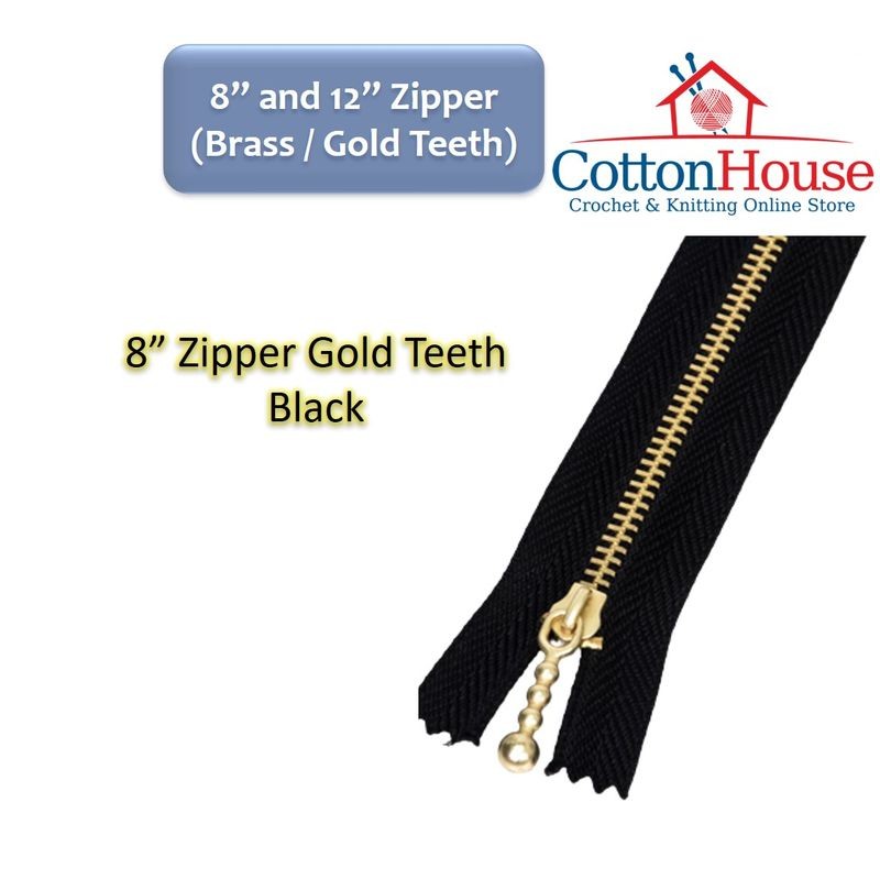 Zipper 8" (20cm) 12" (30cm) Gold Brass Teeth Black Choc Light Brown White Zip Jahit DIY Sewing