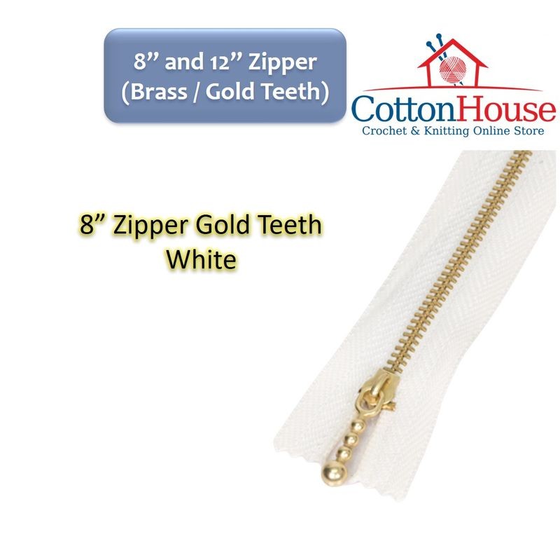 Zipper 8" (20cm) 12" (30cm) Gold Brass Teeth Black Choc Light Brown White Zip Jahit DIY Sewing