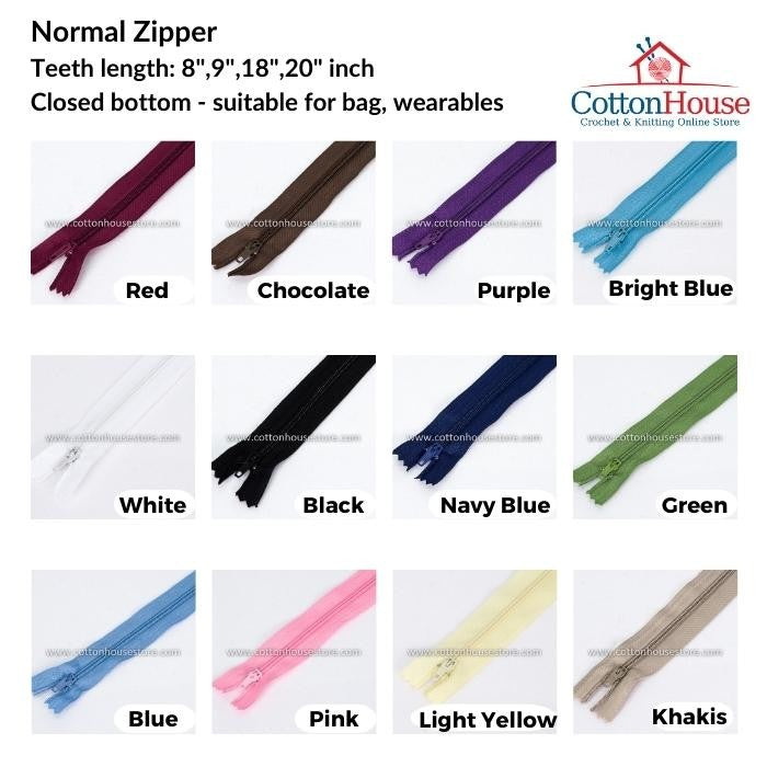 Zipper 8" 9" 18" 20" Black White Blue Purple Pink Choc Zip Jahit DIY Sewing