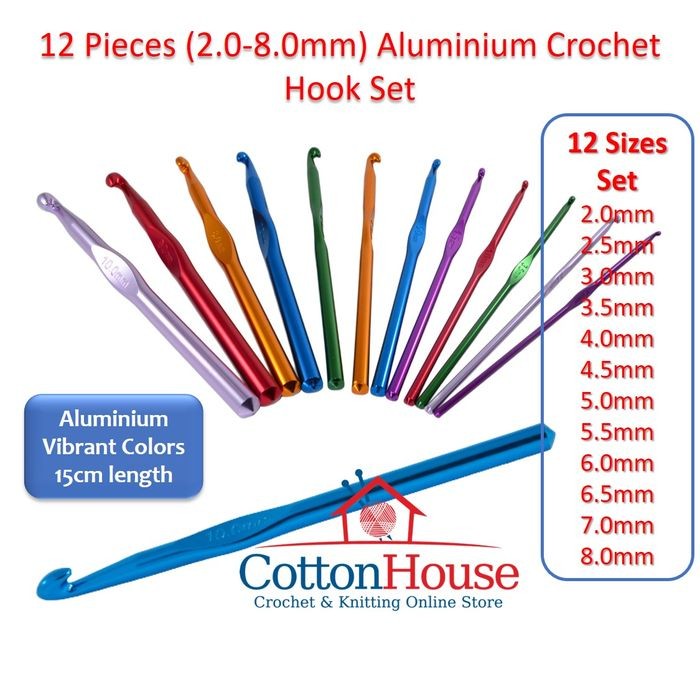 12 Pieces (2.0-8.0mm) Aluminium Crochet Hook Set