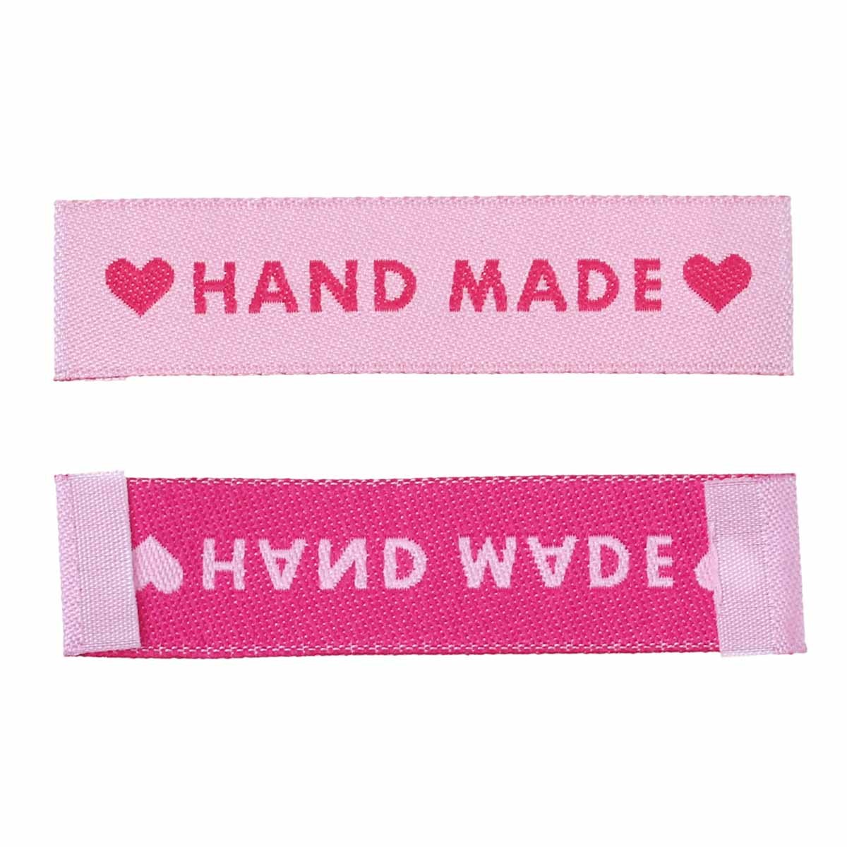 Labels Pink 'Hand Made' with heart 60mm x 15mm (10pcs)