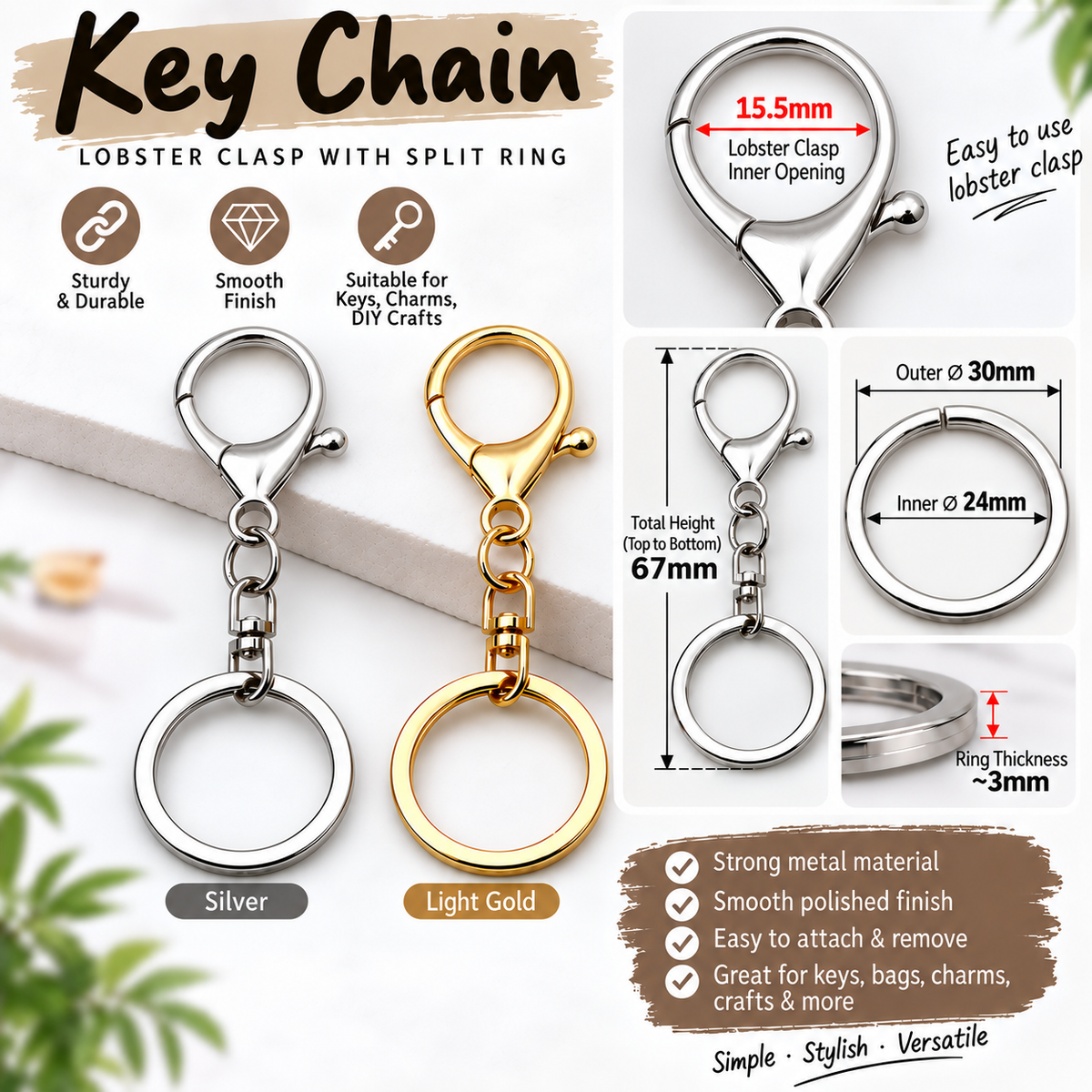 Keychain Lobster Clasp with Split Ring 30mm Silver Gold 4pcs Pack Bag Purse & Craft Making
