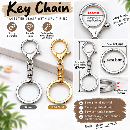 Keychain Lobster Clasp with Split Ring 30mm Silver Gold 4pcs Pack Bag Purse & Craft Making