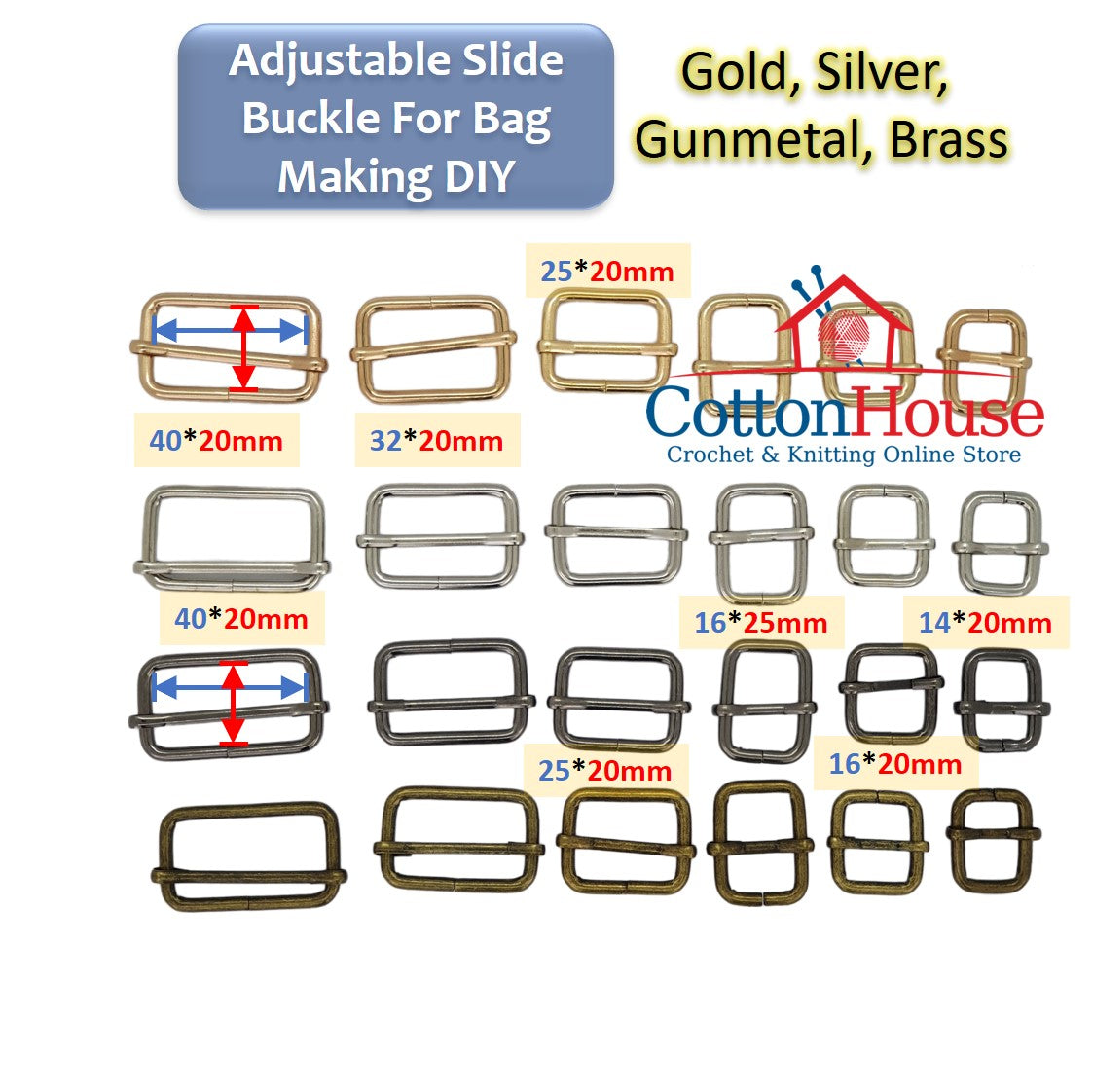 Adjustable Slide Buckle Metal Gold Silver Gunmetal Brass 2pcs DIY Bag Making Beg