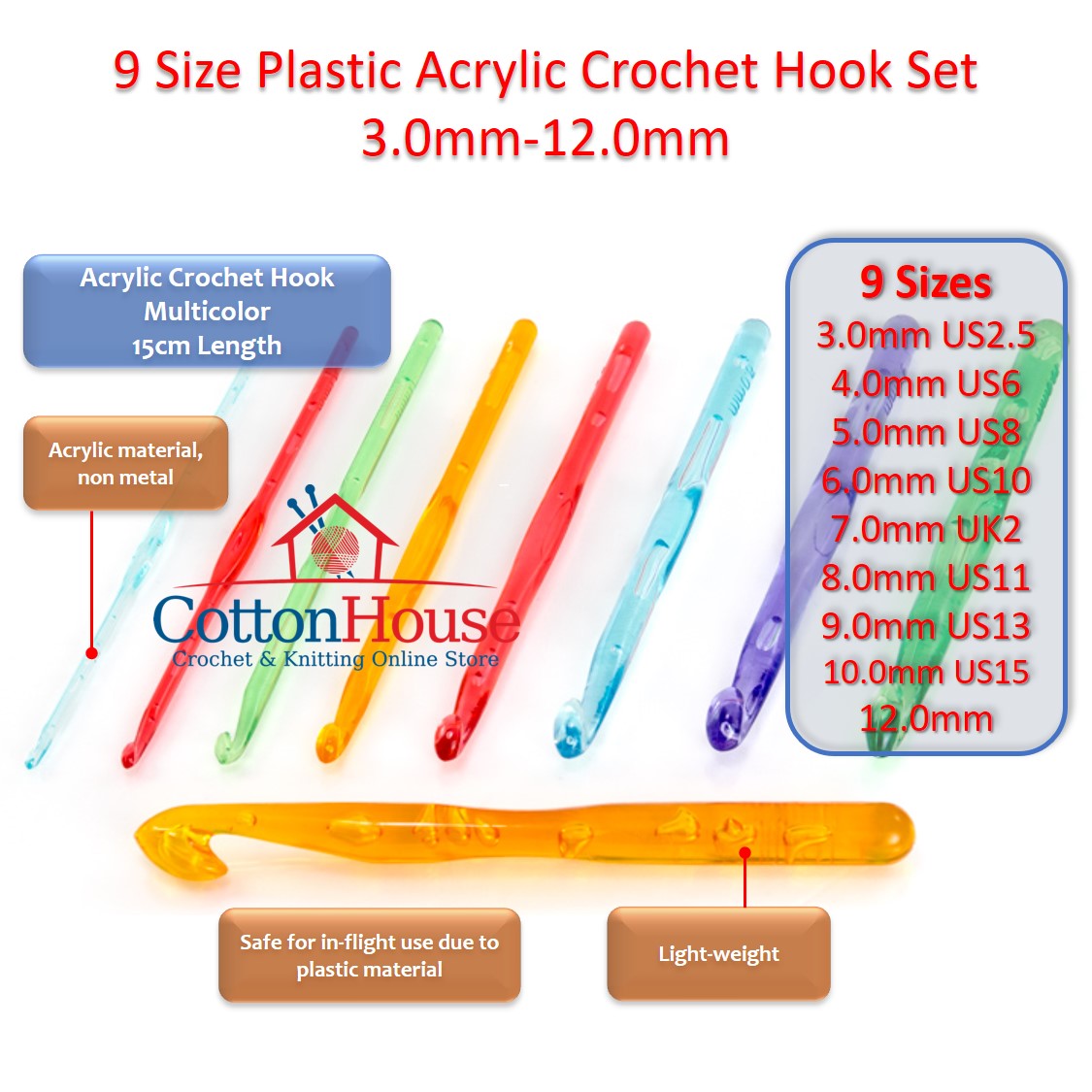 9 Size Plastic Acrylic Crochet Hook Set 3.0mm-12.0mm CK-206 Jarum Kait