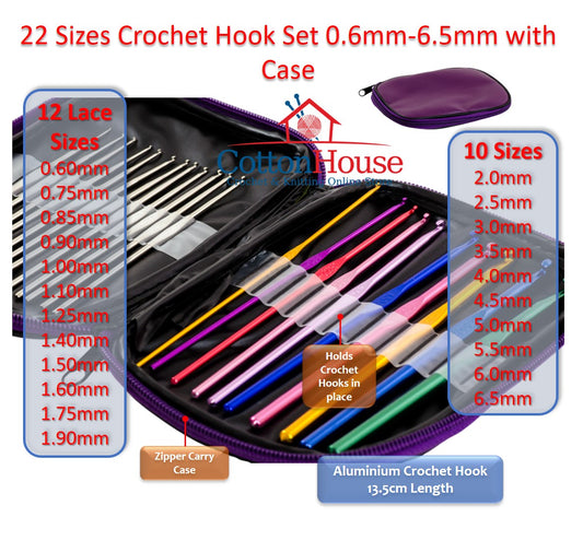22 Sizes Crochet Hook Set 0.6mm-6.5mm with Case Jarum Kait
