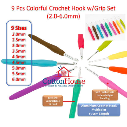 9 Pcs Colorful Crochet Hook w/Grip Set (2.0-6.0mm) CK-239 Jarum Kait