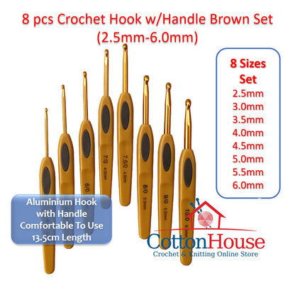8 pcs Crochet Hook w/Handle Brown Set 2.5mm-6.0mm Lace 1.0mm-2.75mm Jarum Kait