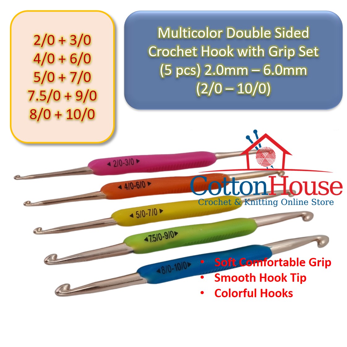 5 pcs Multicolor Double Sided Crochet Hook with Grip (2/0-10/0) Set Jarum Kait