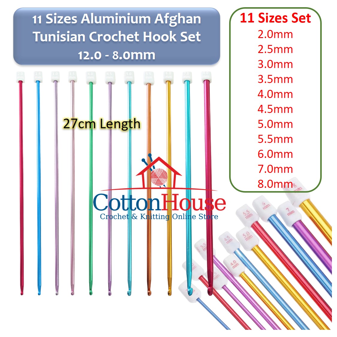11 Sizes Aluminium Afghan Tunisian Crochet Hook Set 2.0-8.0mm Length 27cm Jarum Kait