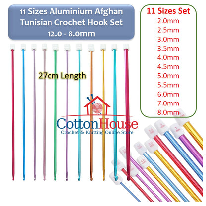 11 Sizes Aluminium Afghan Tunisian Crochet Hook Set 2.0-8.0mm Length 27cm Jarum Kait