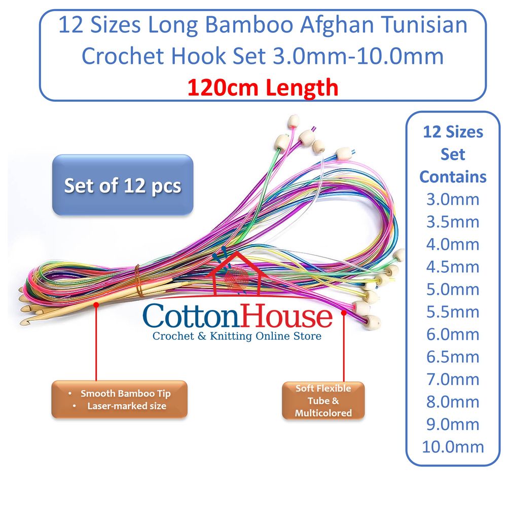 12 Sizes 120cm Long Bamboo Afghan Tunisian Crochet Hook Set 3.0mm-10.0mm Jarum Kait