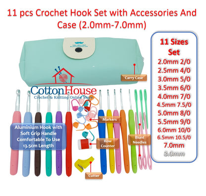 11 pcs Crochet Hook Set with Accessories And Case (2.0mm-8.0mm) Green Jarum Kait