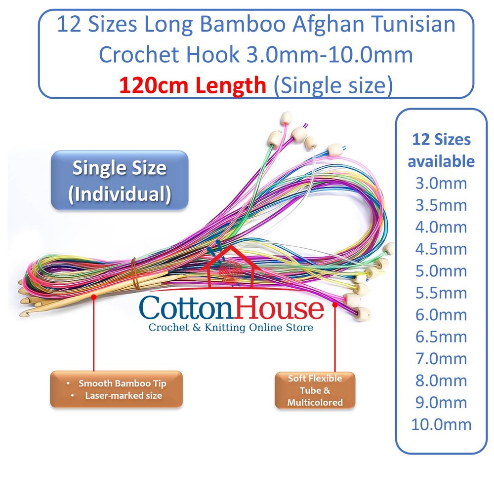 120cm Long Bamboo Afghan Tunisian Crochet Hook Set 3.0mm-10.0mm Single Individual Size Jarum Kait