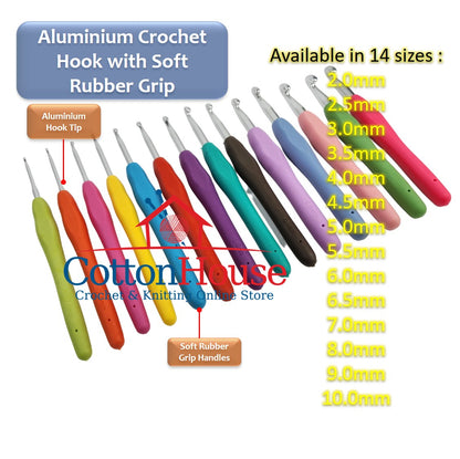 Aluminium Crochet Hook With Soft Rubber Grip 2.0mm-10.0mm Individual Size Single Colorful 1pc Jarum Kait