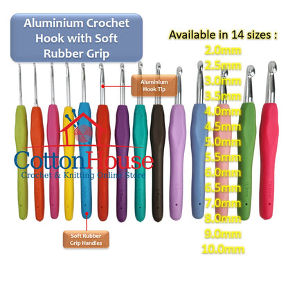 Aluminium Crochet Hook With Soft Rubber Grip 2.0mm-10.0mm Individual Size Single Colorful 1pc Jarum Kait