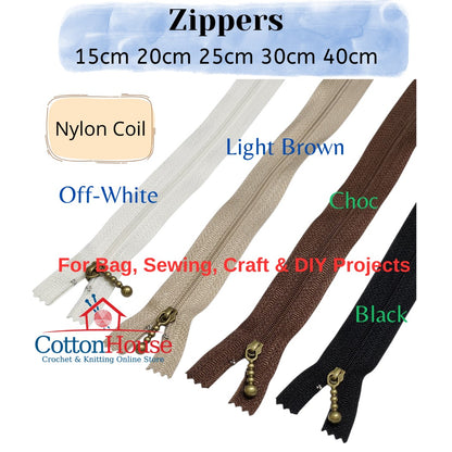 Bag & Craft Zipper Bronze Teeth 15cm 20cm 25cm 30cm 40cm Black Choc Light Brown White Zip Jahit DIY Sewing