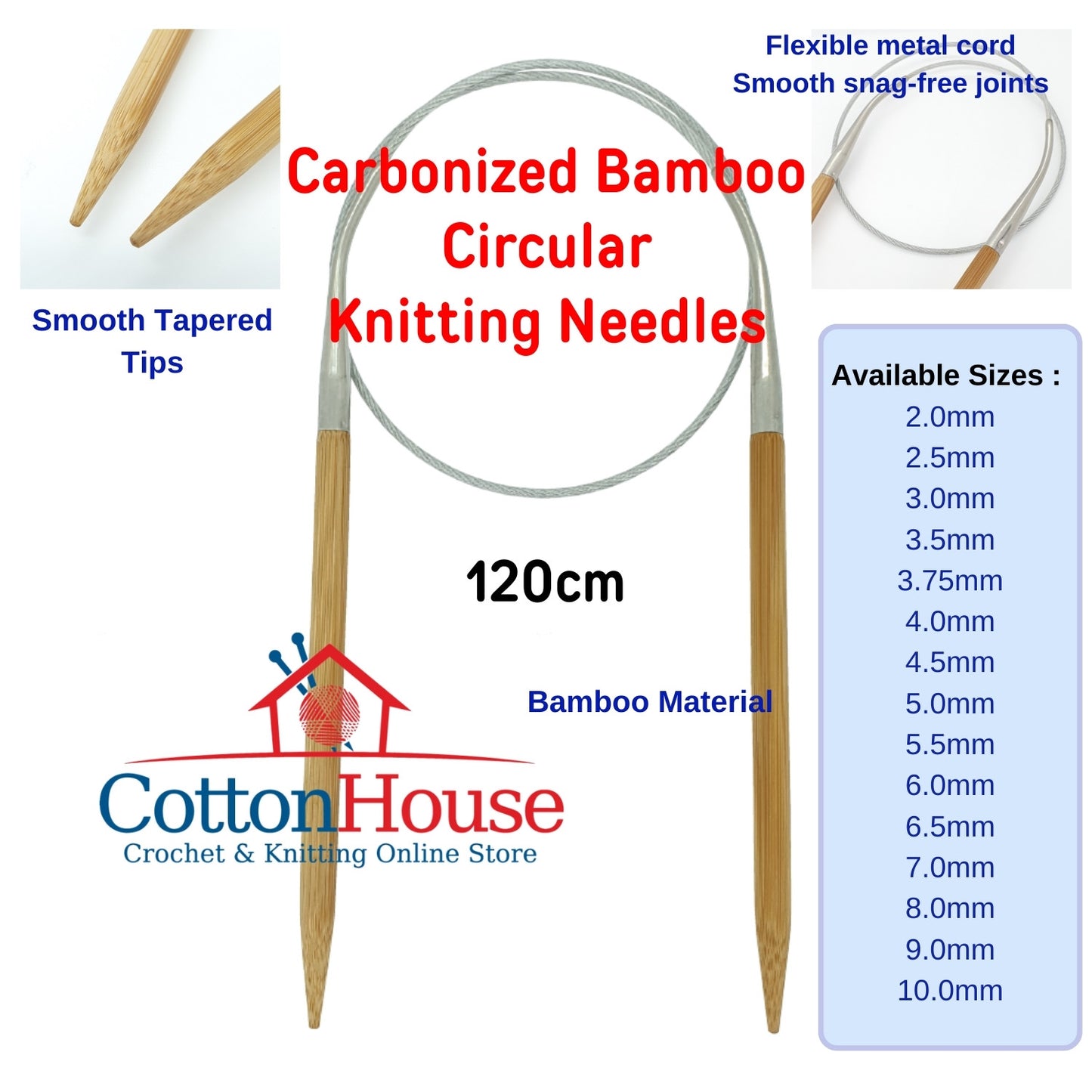 Carbonized Bamboo CN 40cm 60cm 80cm 120cm 2.0mm-10.0mm Circular Knitting Needles Single Size Jarum Kait
