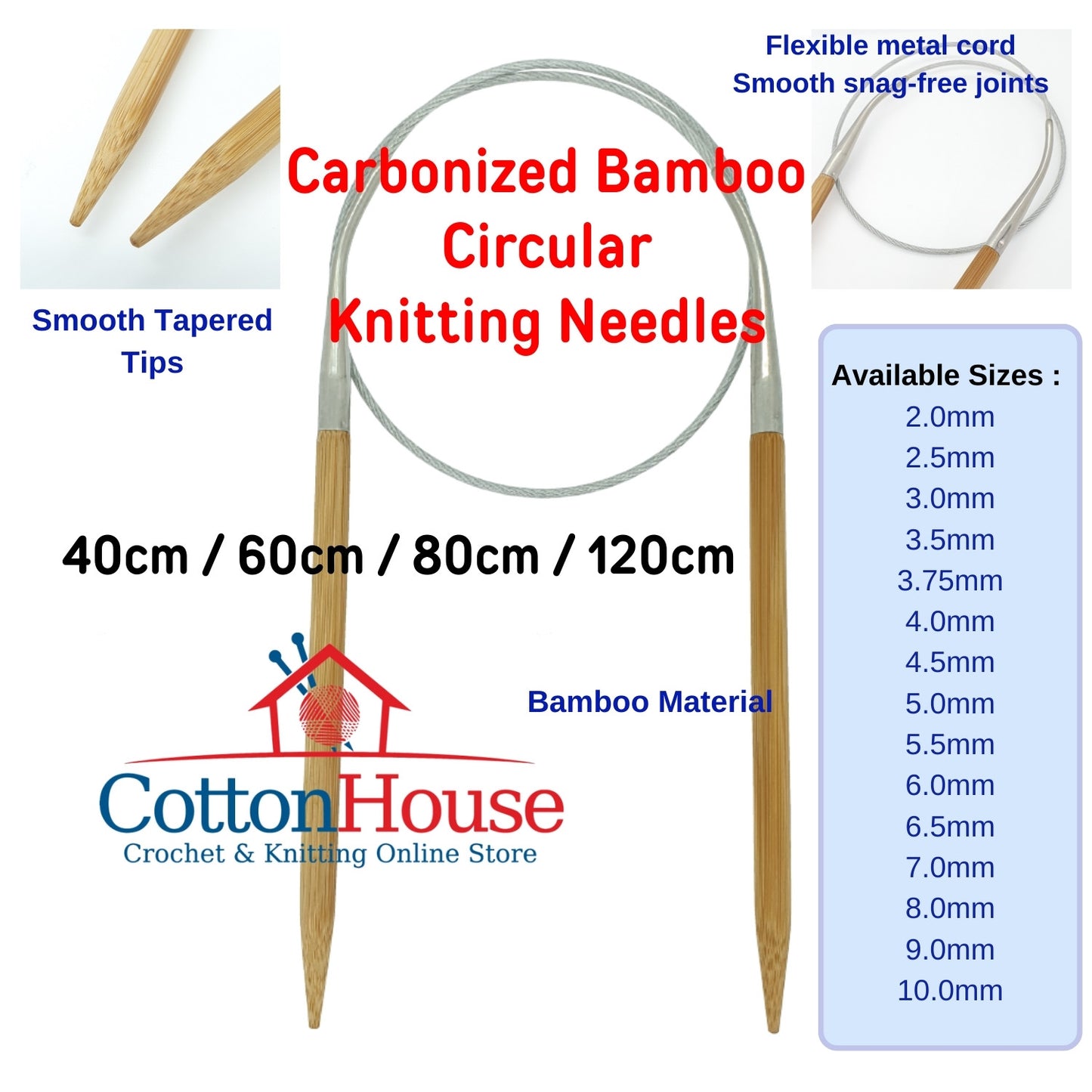 Carbonized Bamboo CN 40cm 60cm 80cm 120cm 2.0mm-10.0mm Circular Knitting Needles Single Size Jarum Kait