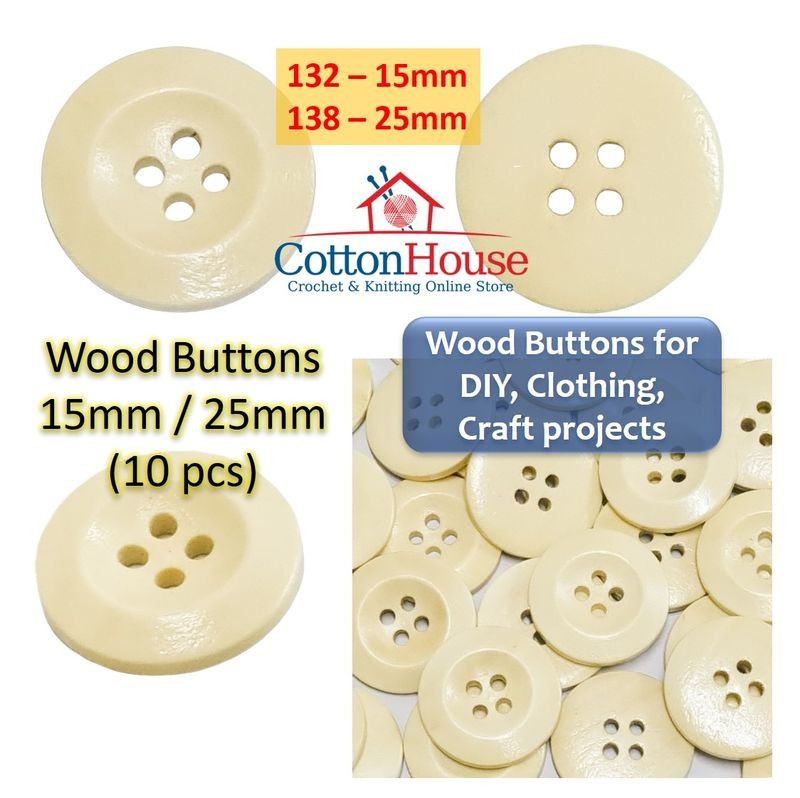 Wood buttons 15mm 25mm 10pcs A01 DIY Craft Sewing Clothing Projects Brown Cream White Butang Kayu