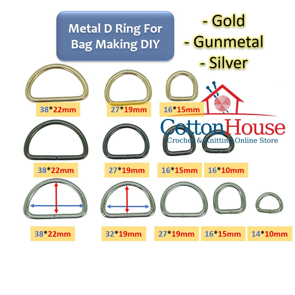 Metal D Ring 2pcs Pack Silver Gold Gunmetal DIY Bag Making Accessories Beg