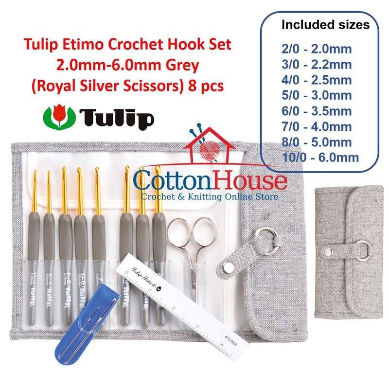 Tulip Etimo Crochet Hook Set 2.0mm-6.0mm Grey (Royal Silver Scissors) 8 pcs Original Japan