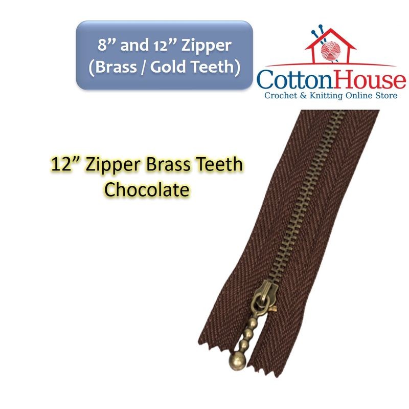 Zipper 8" (20cm) 12" (30cm) Gold Brass Teeth Black Choc Light Brown White Zip Jahit DIY Sewing