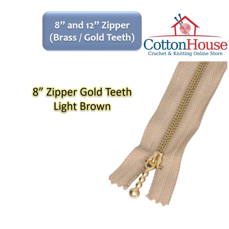 Zipper 8" (20cm) 12" (30cm) Gold Brass Teeth Black Choc Light Brown White Zip Jahit DIY Sewing