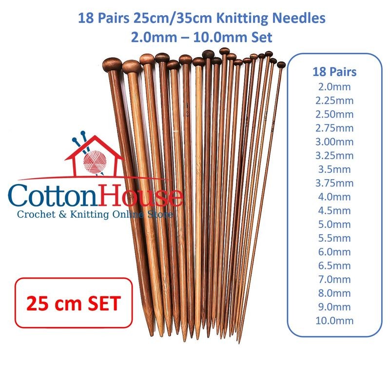 18 Pairs 25cm 35cm Bamboo Knitting Needles Set 2.0mm-10.0mm Short Long Jarum Kait