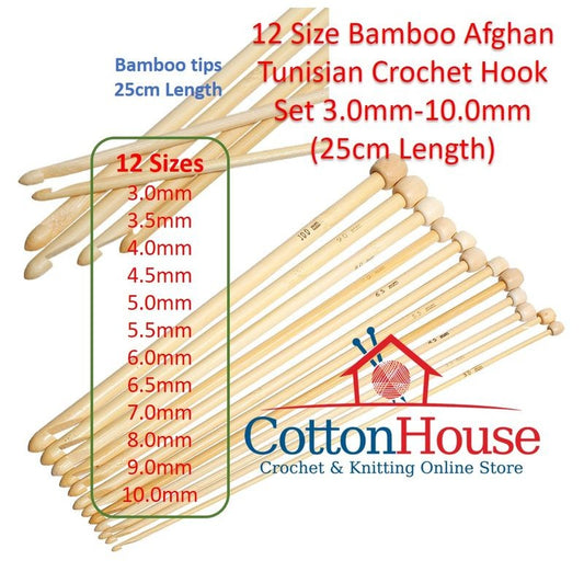 12 Size Bamboo Afghan Tunisian Crochet Hook Needles Set 3.0mm-10.0mm (25cm Length)