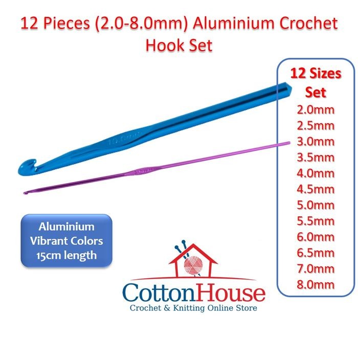 12 Pieces (2.0-8.0mm) Aluminium Crochet Hook Set